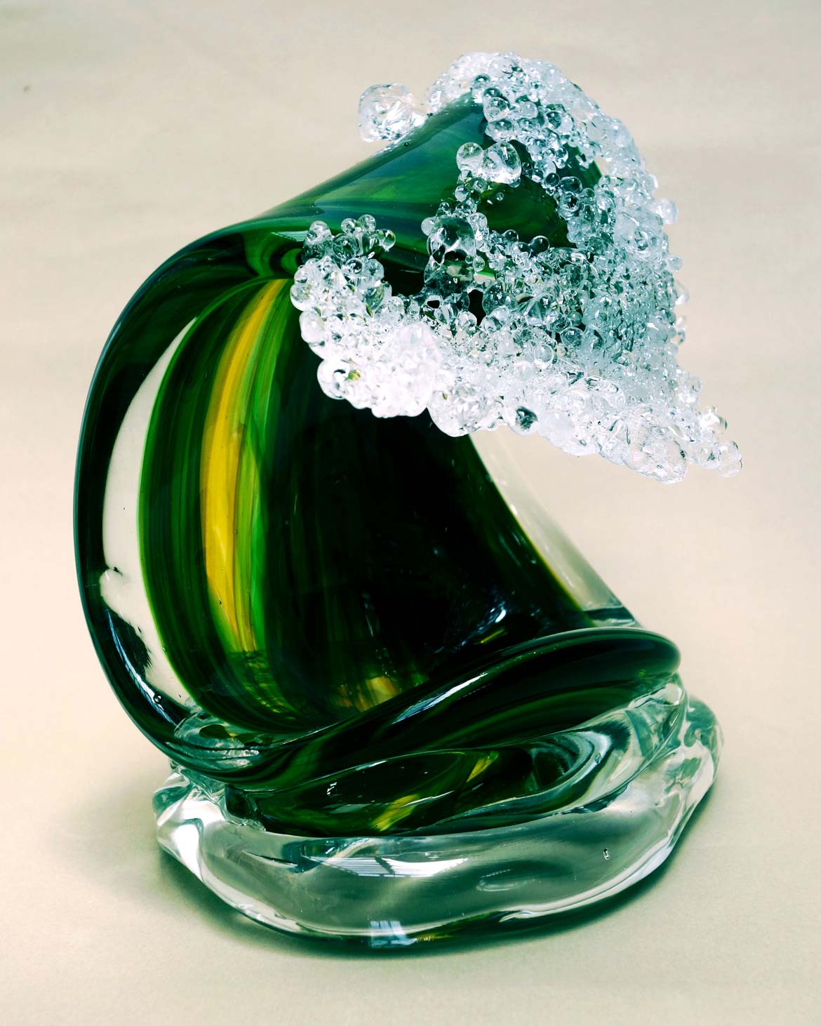 alt="Hand-Sculpted Glass Tulane Green Wave"